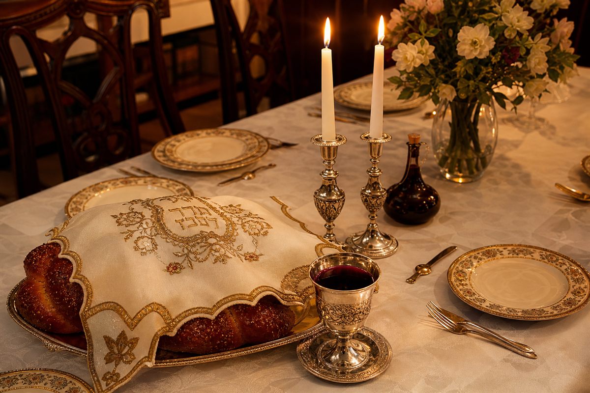 A family's Shabbos table set with candles and challah