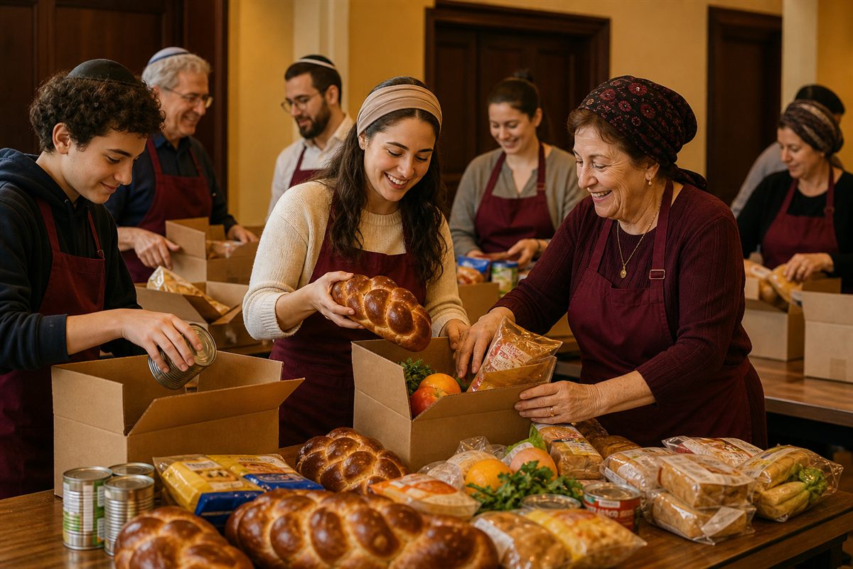 Volunteers packing Shabbos food boxes